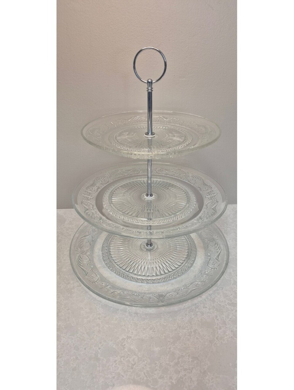 Vintage 3-Tier Glass Cake Stand | Clear Pressed Lace Tiered Tray